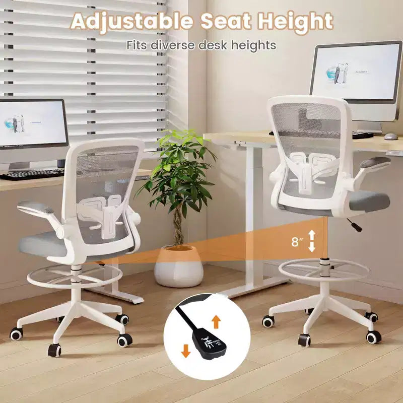 Swivel Drafting Chair with Flip-Up Armrests, Adjustable Lumbar Support & Height, 300 lb