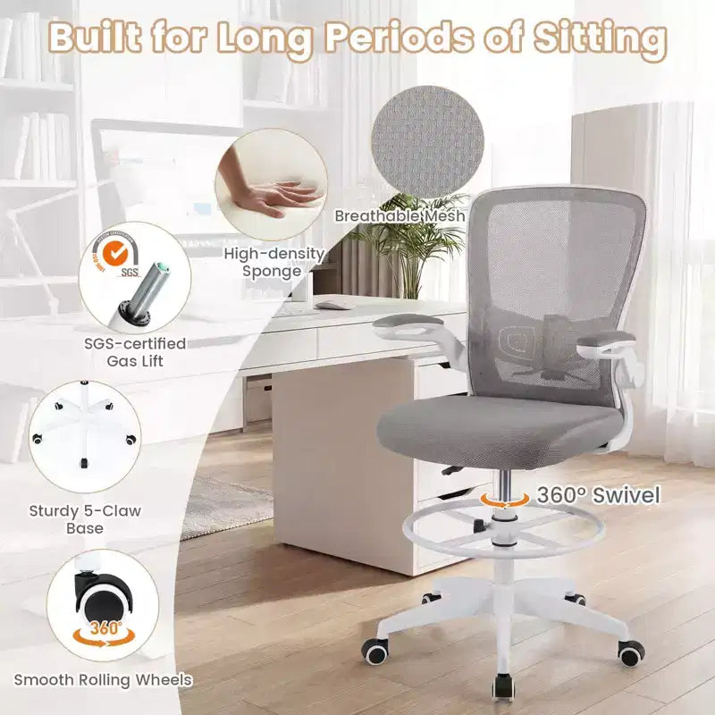 Swivel Drafting Chair with Flip-Up Armrests, Adjustable Lumbar Support & Height, 300 lb
