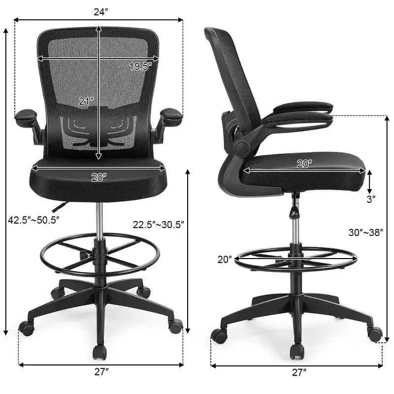 Swivel Drafting Chair with Flip-Up Armrests, Adjustable Lumbar Support & Height, 300 lb