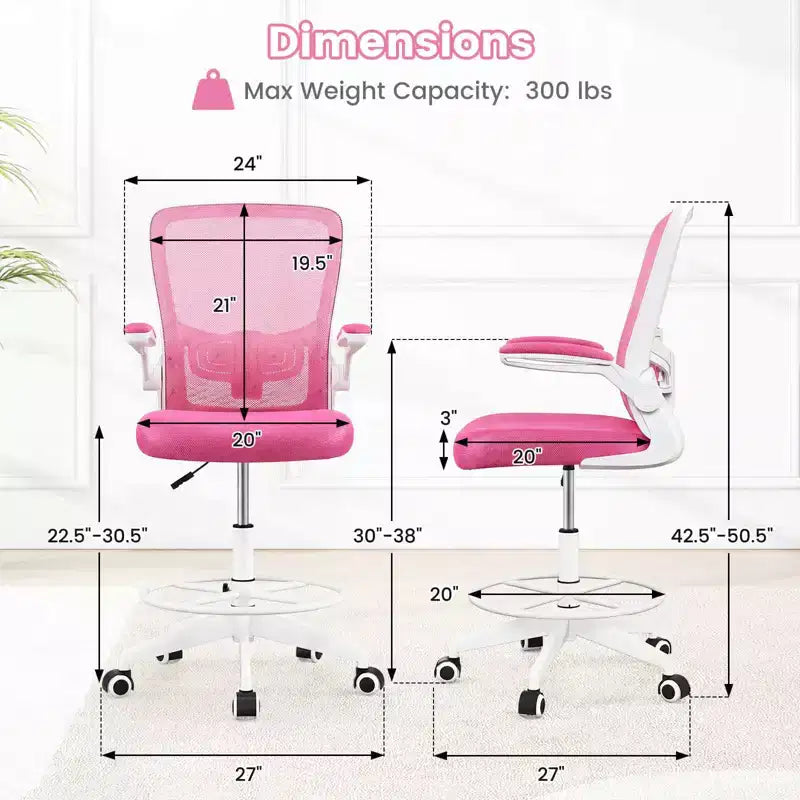 Swivel Drafting Chair with Flip-Up Armrests, Adjustable Lumbar Support & Height, 300 lb