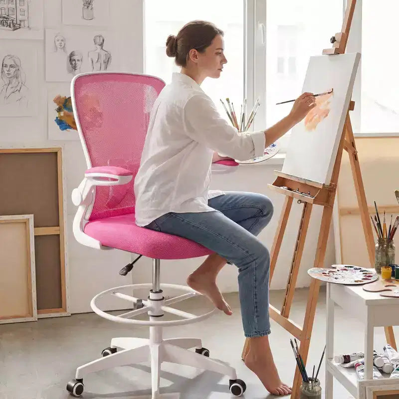 Swivel Drafting Chair with Flip-Up Armrests, Adjustable Lumbar Support & Height, 300 lb