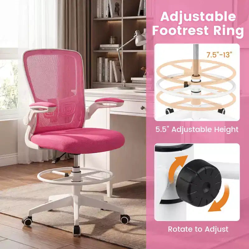 Swivel Drafting Chair with Flip-Up Armrests, Adjustable Lumbar Support & Height, 300 lb