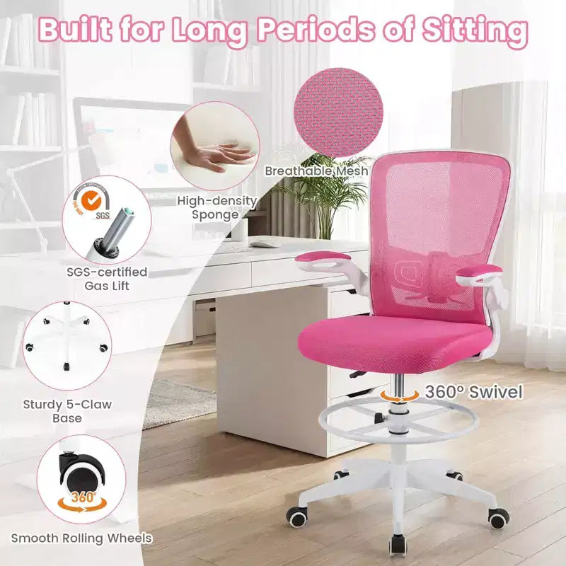 Swivel Drafting Chair with Flip-Up Armrests, Adjustable Lumbar Support & Height, 300 lb