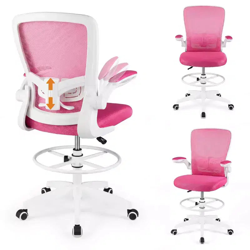 Swivel Drafting Chair with Flip-Up Armrests, Adjustable Lumbar Support & Height, 300 lb