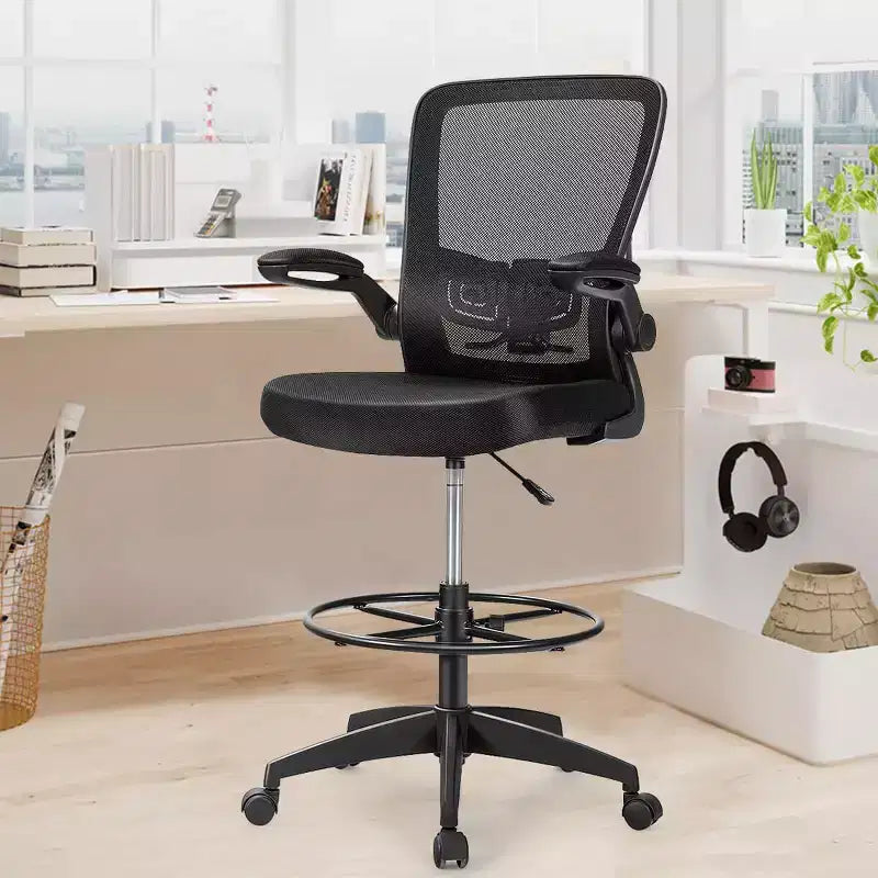 Swivel Drafting Chair with Flip-Up Armrests, Adjustable Lumbar Support & Height, 300 lb