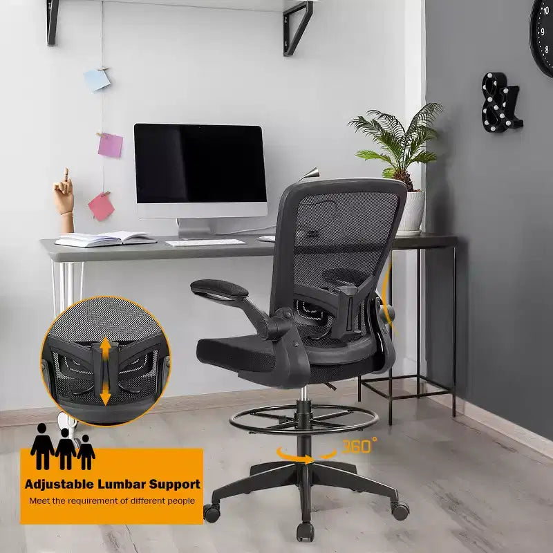 Swivel Drafting Chair with Flip-Up Armrests, Adjustable Lumbar Support & Height, 300 lb