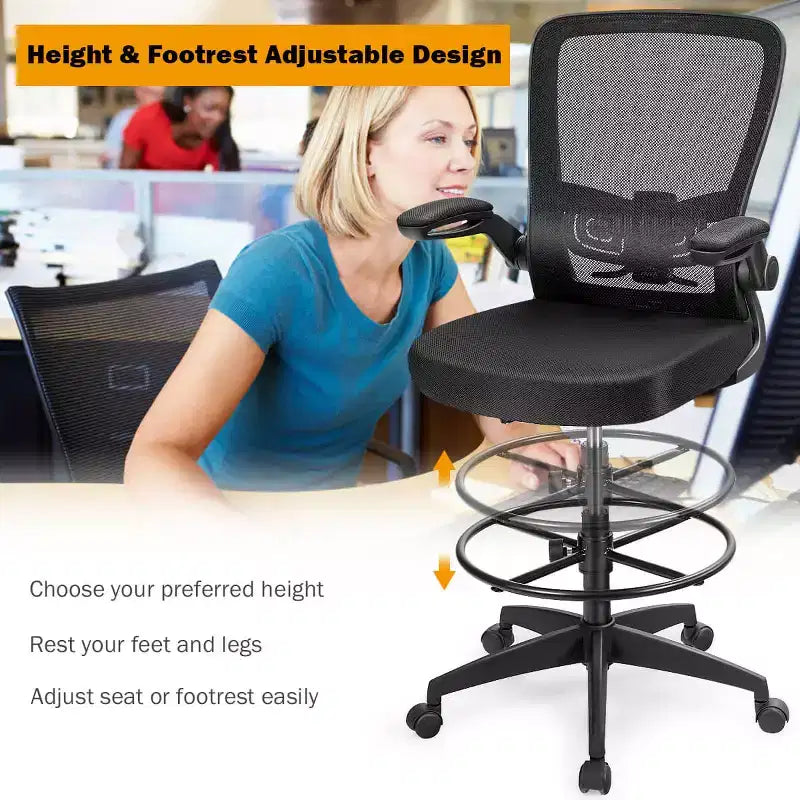 Swivel Drafting Chair with Flip-Up Armrests, Adjustable Lumbar Support & Height, 300 lb