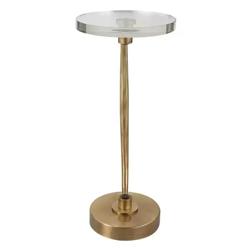 11.5" Antique Brass Round Drink Table, Iron Base with Crystal Top, 24" Height