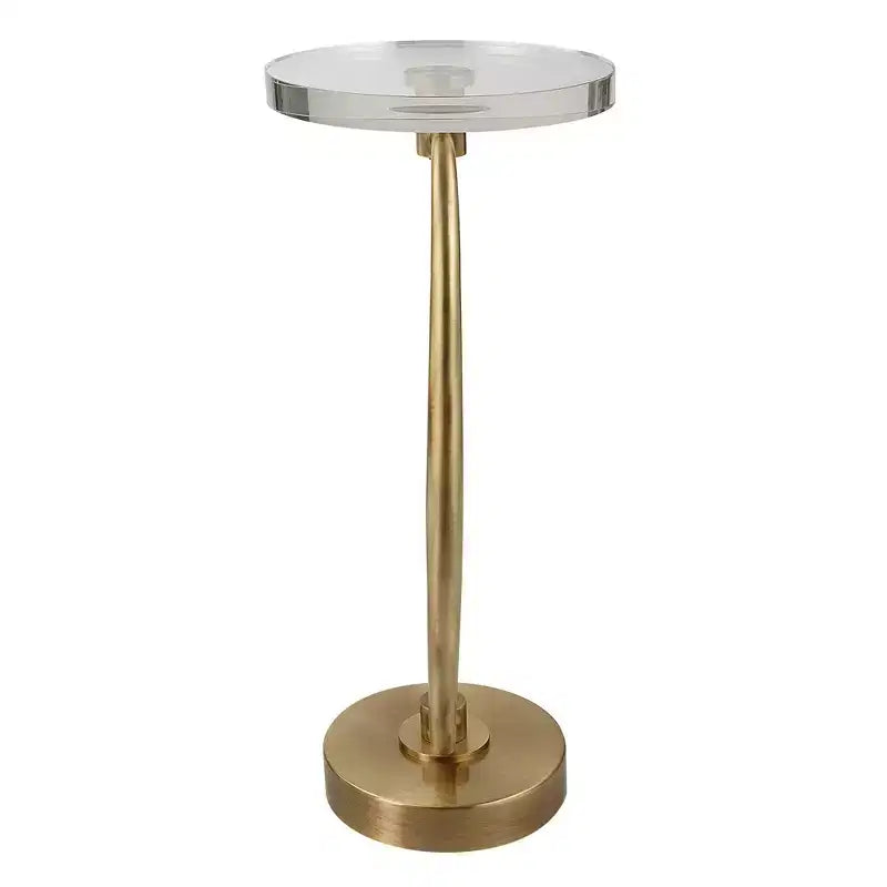 11.5" Antique Brass Round Drink Table, Iron Base with Crystal Top, 24" Height