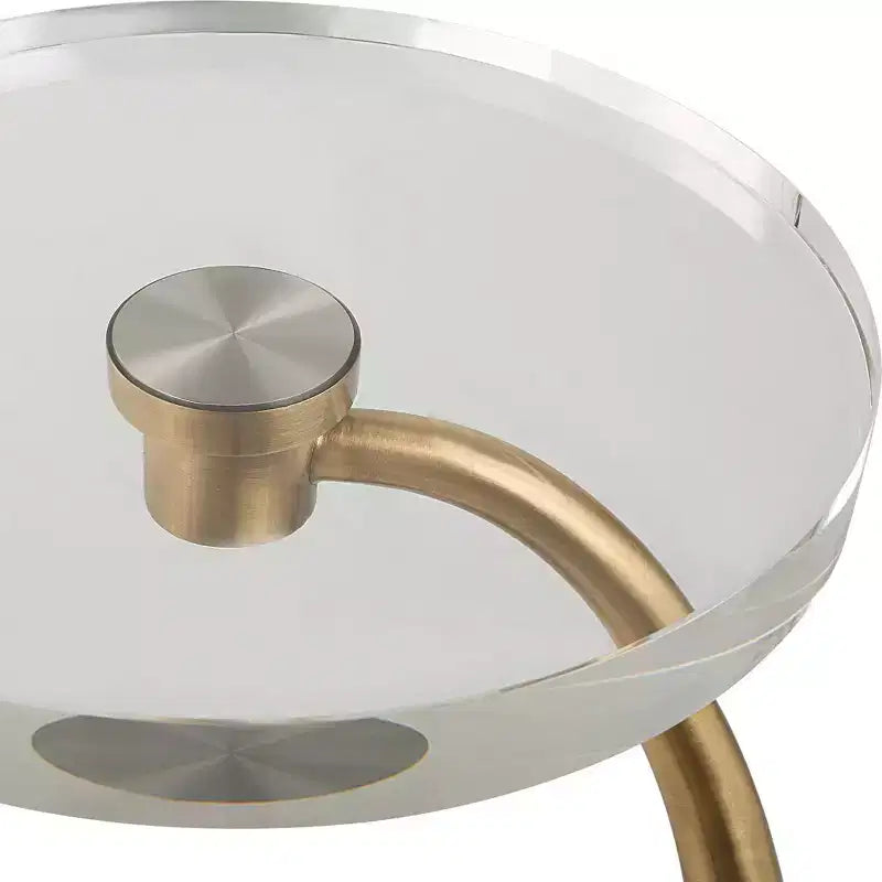 11.5" Antique Brass Round Drink Table, Iron Base with Crystal Top, 24" Height