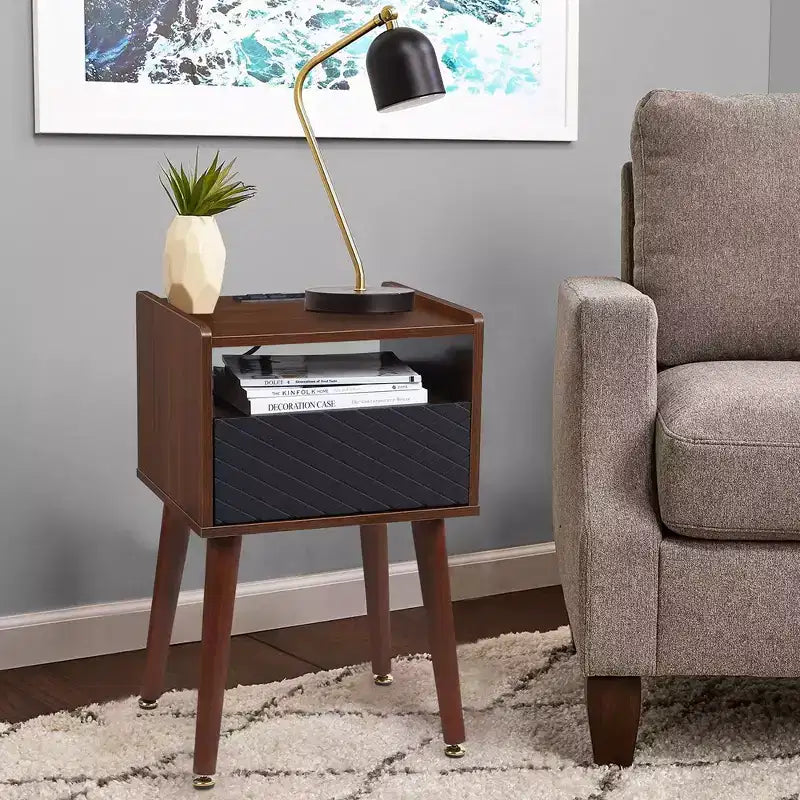 Mid-Century Nightstand with Drawers & Charging Station, 2 USB Ports, 2 Outlets, Wood, Brown