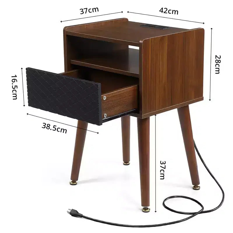 Mid-Century Nightstand with Drawers & Charging Station, 2 USB Ports, 2 Outlets, Wood, Brown