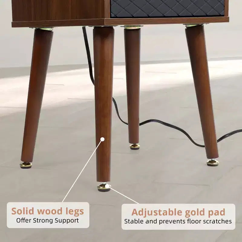 Mid-Century Nightstand with Drawers & Charging Station, 2 USB Ports, 2 Outlets, Wood, Brown