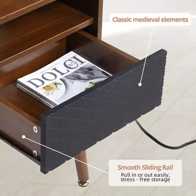 Mid-Century Nightstand with Drawers & Charging Station, 2 USB Ports, 2 Outlets, Wood, Brown