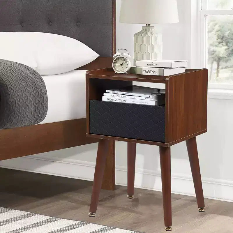 Mid-Century Nightstand with Drawers & Charging Station, 2 USB Ports, 2 Outlets, Wood, Brown