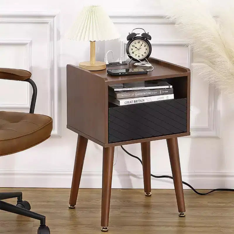 Mid-Century Nightstand with Drawers & Charging Station, 2 USB Ports, 2 Outlets, Wood, Brown