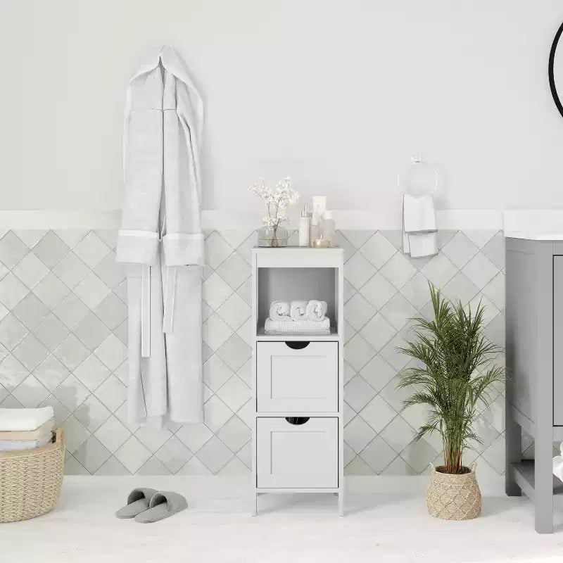 Bathroom Storage Cabinet with 2 Removable Drawers & Open Display Shelf, Farmhouse, Engineered Wood