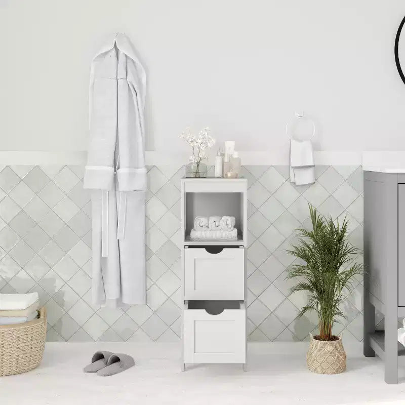 Bathroom Storage Cabinet with 2 Removable Drawers & Open Display Shelf, Farmhouse, Engineered Wood