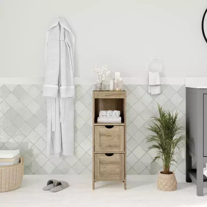 Bathroom Storage Cabinet with 2 Removable Drawers & Open Display Shelf, Farmhouse, Engineered Wood