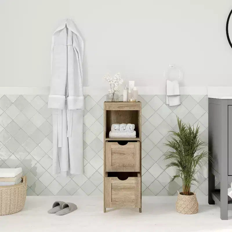 Bathroom Storage Cabinet with 2 Removable Drawers & Open Display Shelf, Farmhouse, Engineered Wood