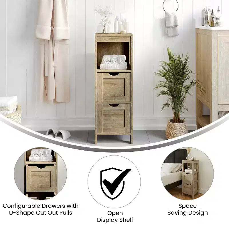 Bathroom Storage Cabinet with 2 Removable Drawers & Open Display Shelf, Farmhouse, Engineered Wood