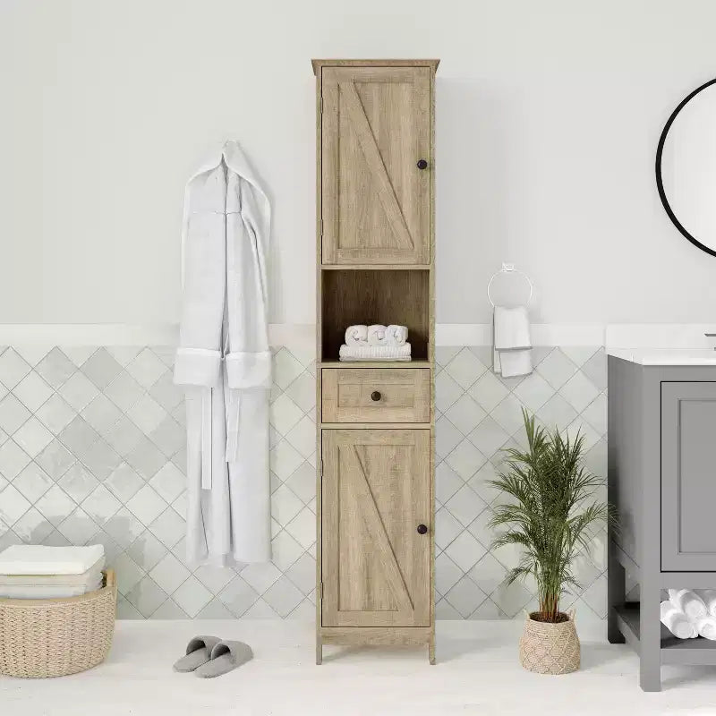 Slim Linen Tower Organizer, Drawer, Upper & Lower Cabinets, Open Shelf, Magnetic Doors, Farmhouse