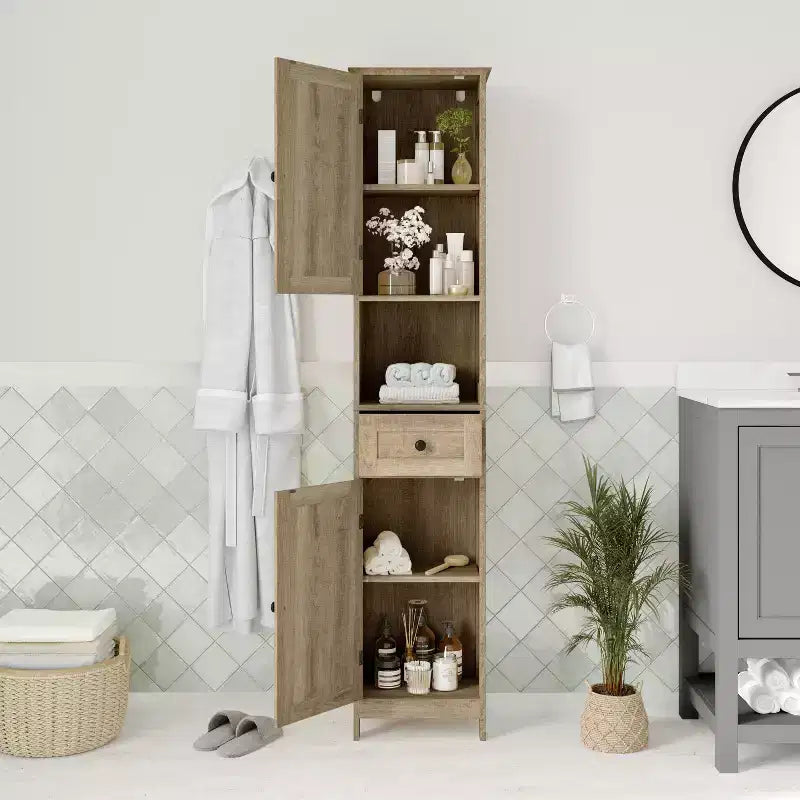Slim Linen Tower Organizer, Drawer, Upper & Lower Cabinets, Open Shelf, Magnetic Doors, Farmhouse