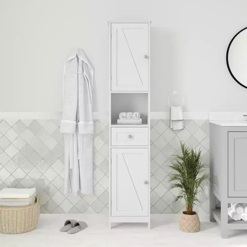 Slim Linen Tower Organizer, Drawer, Upper & Lower Cabinets, Open Shelf, Magnetic Doors, Farmhouse