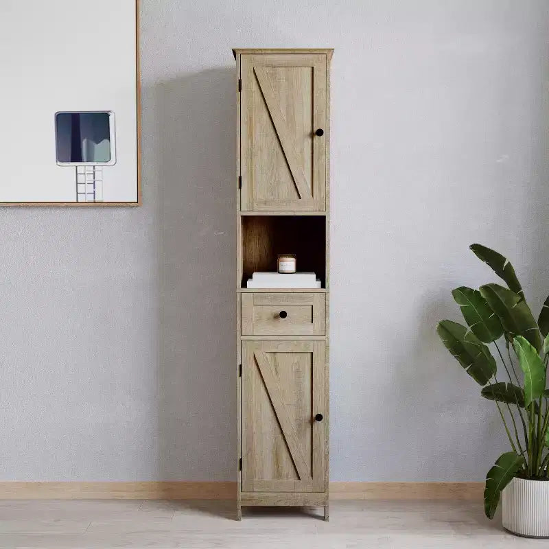 Slim Linen Tower Organizer, Drawer, Upper & Lower Cabinets, Open Shelf, Magnetic Doors, Farmhouse