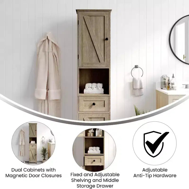Slim Linen Tower Organizer, Drawer, Upper & Lower Cabinets, Open Shelf, Magnetic Doors, Farmhouse