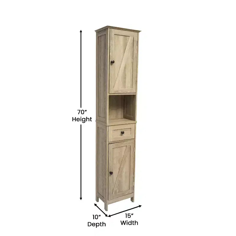 Slim Linen Tower Organizer, Drawer, Upper & Lower Cabinets, Open Shelf, Magnetic Doors, Farmhouse