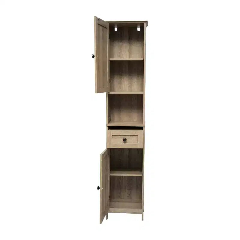 Slim Linen Tower Organizer, Drawer, Upper & Lower Cabinets, Open Shelf, Magnetic Doors, Farmhouse