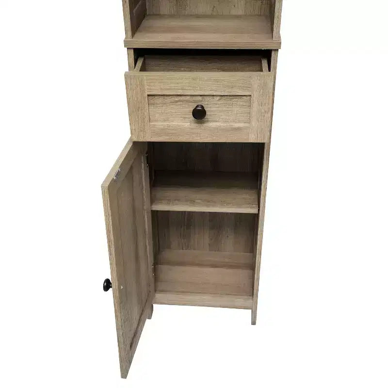 Slim Linen Tower Organizer, Drawer, Upper & Lower Cabinets, Open Shelf, Magnetic Doors, Farmhouse