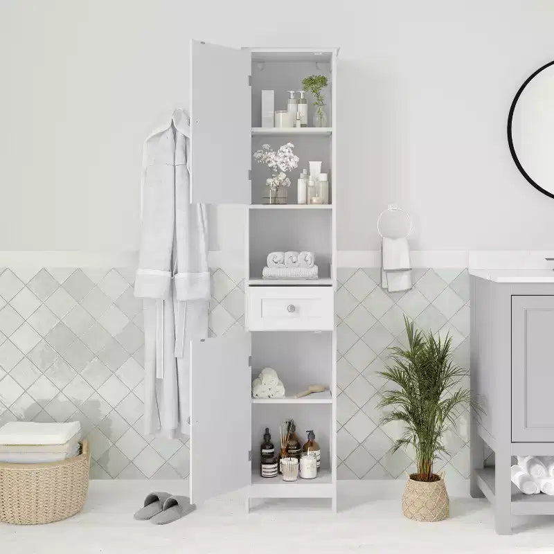 Slim Linen Tower Organizer, Drawer, Upper & Lower Cabinets, Open Shelf, Magnetic Doors, Farmhouse