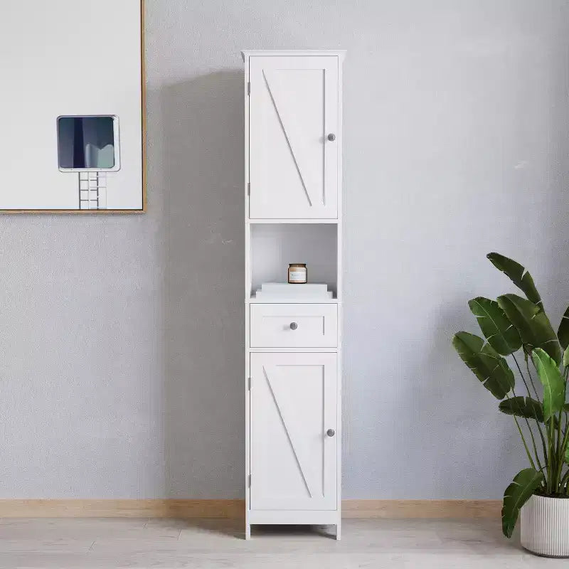 Slim Linen Tower Organizer, Drawer, Upper & Lower Cabinets, Open Shelf, Magnetic Doors, Farmhouse