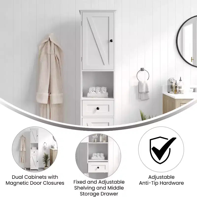 Slim Linen Tower Organizer, Drawer, Upper & Lower Cabinets, Open Shelf, Magnetic Doors, Farmhouse