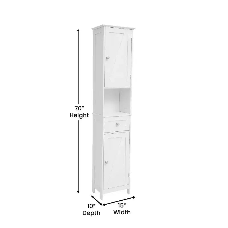 Slim Linen Tower Organizer, Drawer, Upper & Lower Cabinets, Open Shelf, Magnetic Doors, Farmhouse