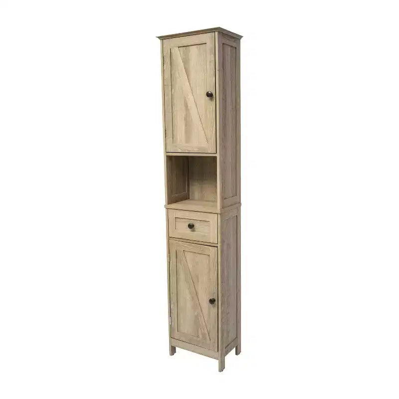 Slim Linen Tower Organizer, Drawer, Upper & Lower Cabinets, Open Shelf, Magnetic Doors, Farmhouse