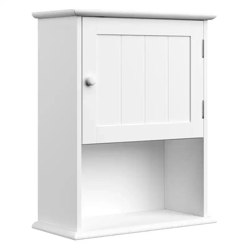 Bathroom Organizer Cabinet, Open Shelf & Closed Cupboard, Shutter Doors, White, Wood, Wall Mount