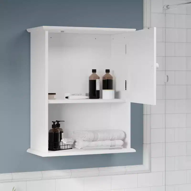 Bathroom Organizer Cabinet, Open Shelf & Closed Cupboard, Shutter Doors, White, Wood, Wall Mount