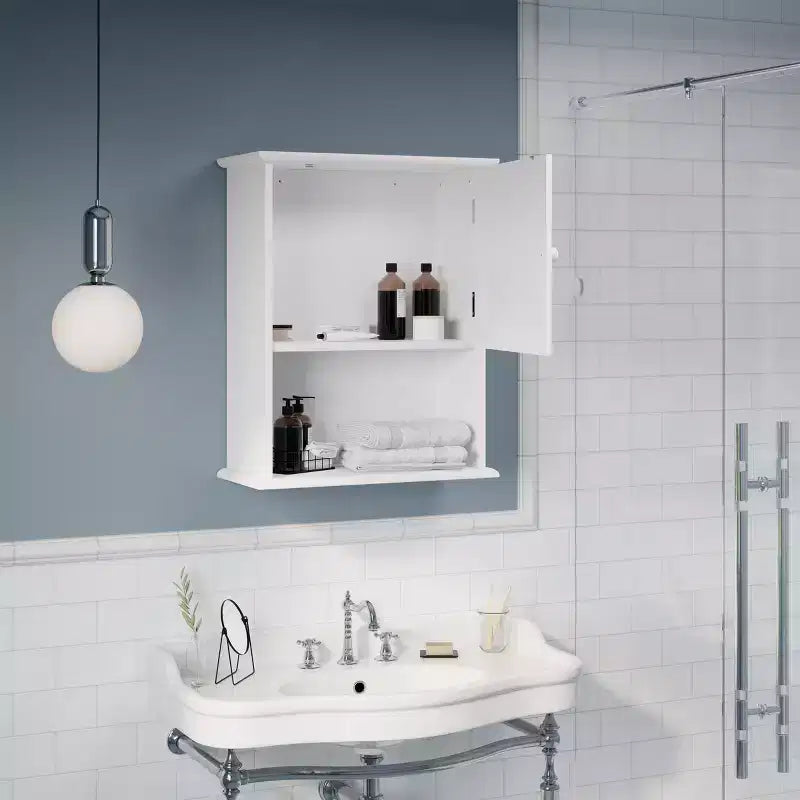 Bathroom Organizer Cabinet, Open Shelf & Closed Cupboard, Shutter Doors, White, Wood, Wall Mount