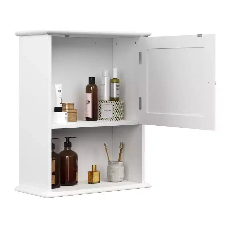 Bathroom Organizer Cabinet, Open Shelf & Closed Cupboard, Shutter Doors, White, Wood, Wall Mount