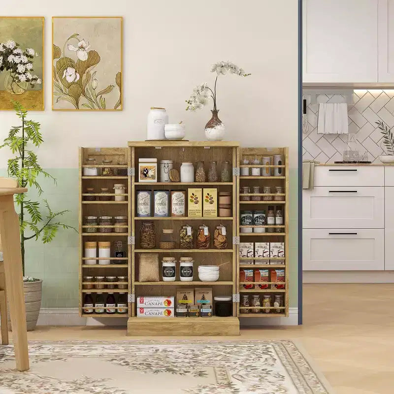 41" Kitchen Pantry Storage Cabinet, Double Doors, 5-Tier Shelf, 12 Spice Racks, Adjustable Shelves