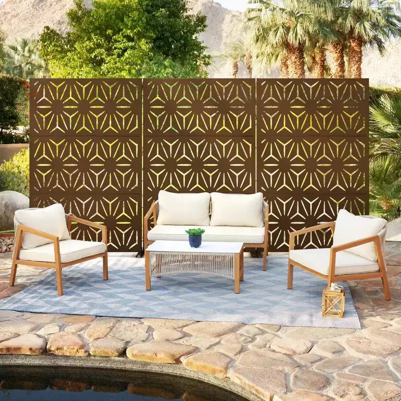 Freestanding Metal Outdoor Privacy Screen, 3-Panel Galvanized Steel, Laser-Cut Floral Pattern
