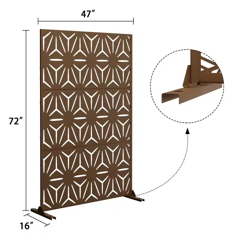 Freestanding Metal Outdoor Privacy Screen, 3-Panel Galvanized Steel, Laser-Cut Floral Pattern