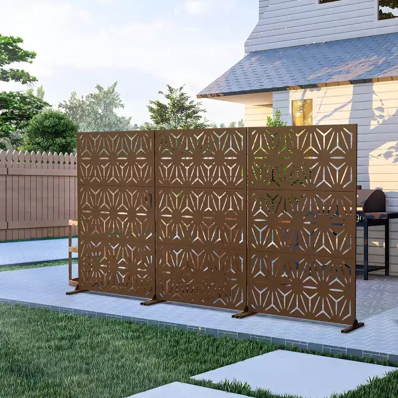 Freestanding Metal Outdoor Privacy Screen, 3-Panel Galvanized Steel, Laser-Cut Floral Pattern