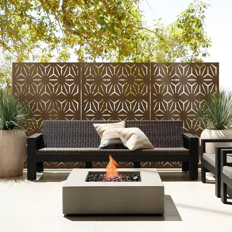 Freestanding Metal Outdoor Privacy Screen, 3-Panel Galvanized Steel, Laser-Cut Floral Pattern