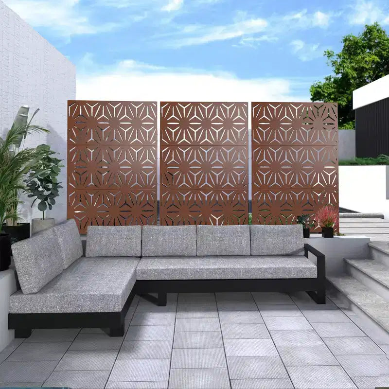 Freestanding Metal Outdoor Privacy Screen, 3-Panel Galvanized Steel, Laser-Cut Floral Pattern
