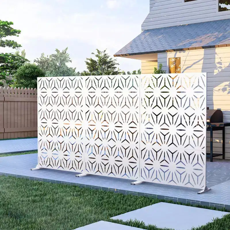 Freestanding Metal Outdoor Privacy Screen, 3-Panel Galvanized Steel, Laser-Cut Floral Pattern