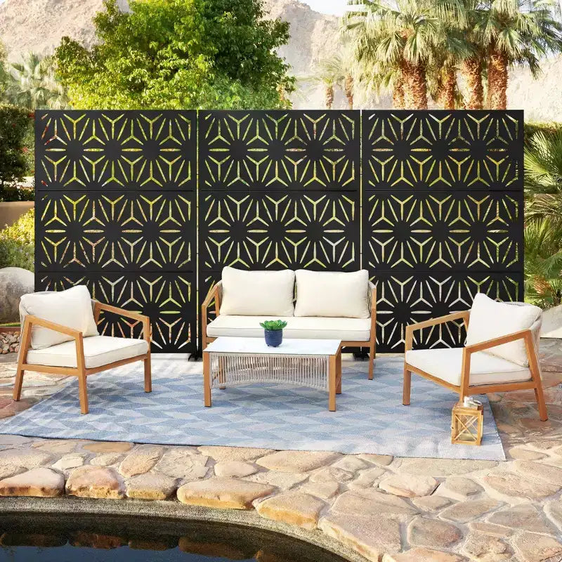 Freestanding Metal Outdoor Privacy Screen, 3-Panel Galvanized Steel, Laser-Cut Floral Pattern